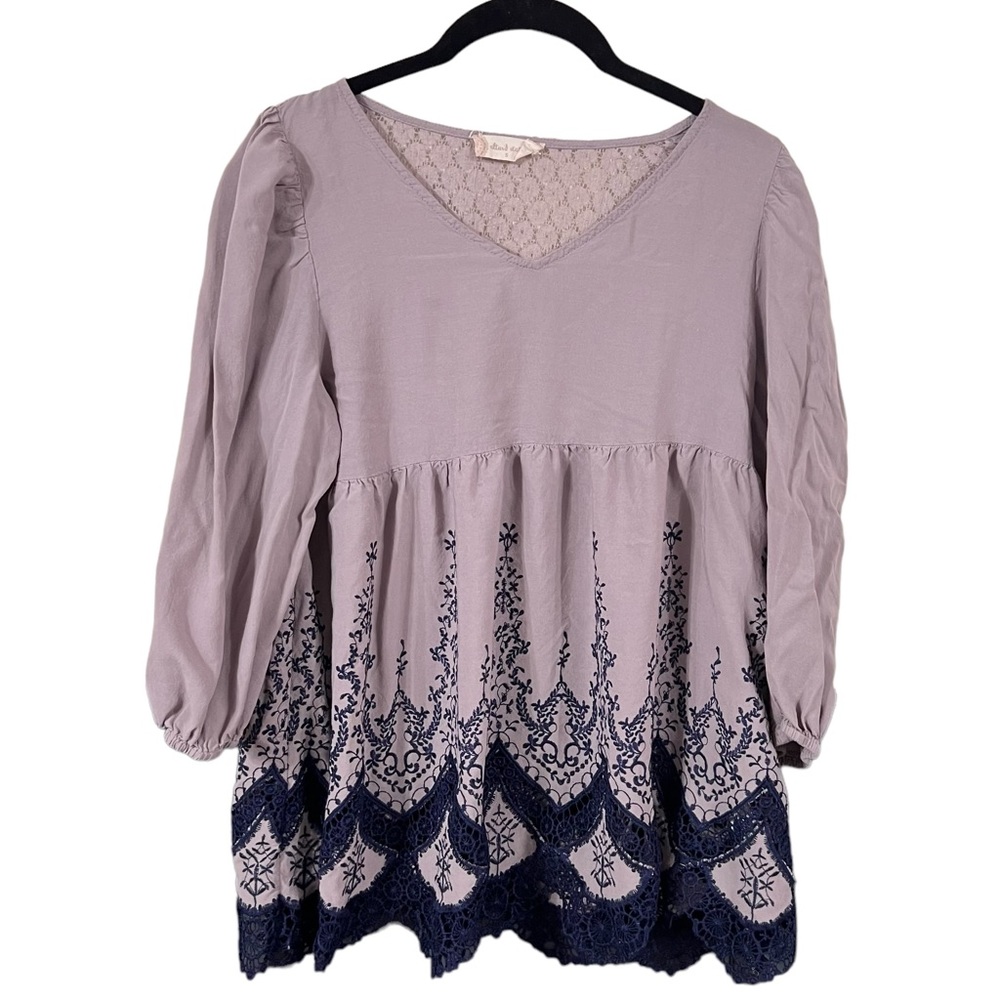 Altar’d State Purple Embroidered Tunic Top Balloon Sleeve Womens Size Small .
